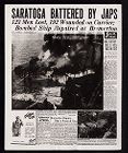 Newspaper article from Seattle Post Intelligencer (of June 15th) headlined: "Saratoga Battered by Japs" and story documenting Japanese attack and repairs at Bremerton, WA (1945)